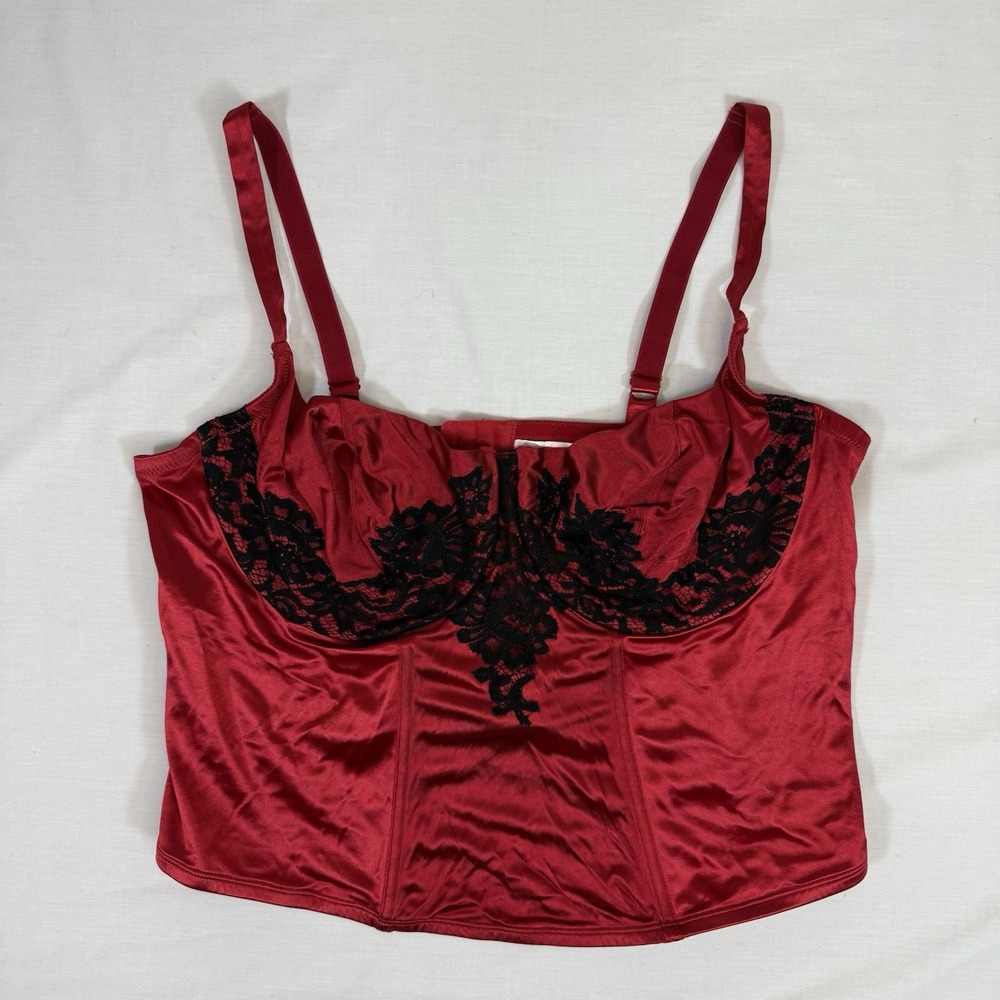 Cacique Bustier Corset Top Size 44 Red Black Lace Bra Adjustable Strap
